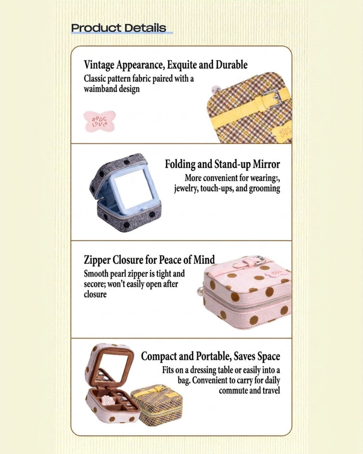 "Sugar Cube" Portable Fabric Jewelry Box with Vanity Mirror